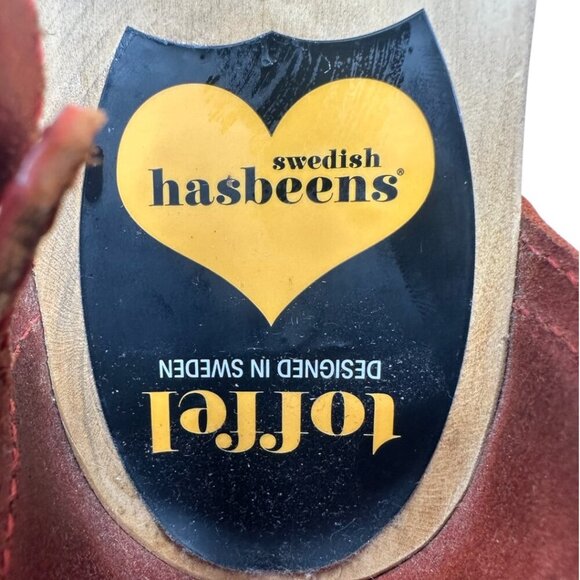 Rare Swedish Hasbeens Red Laser Cut Leather Platform Heeled Clog Sandals 9 Boho - Picture 11 of 14